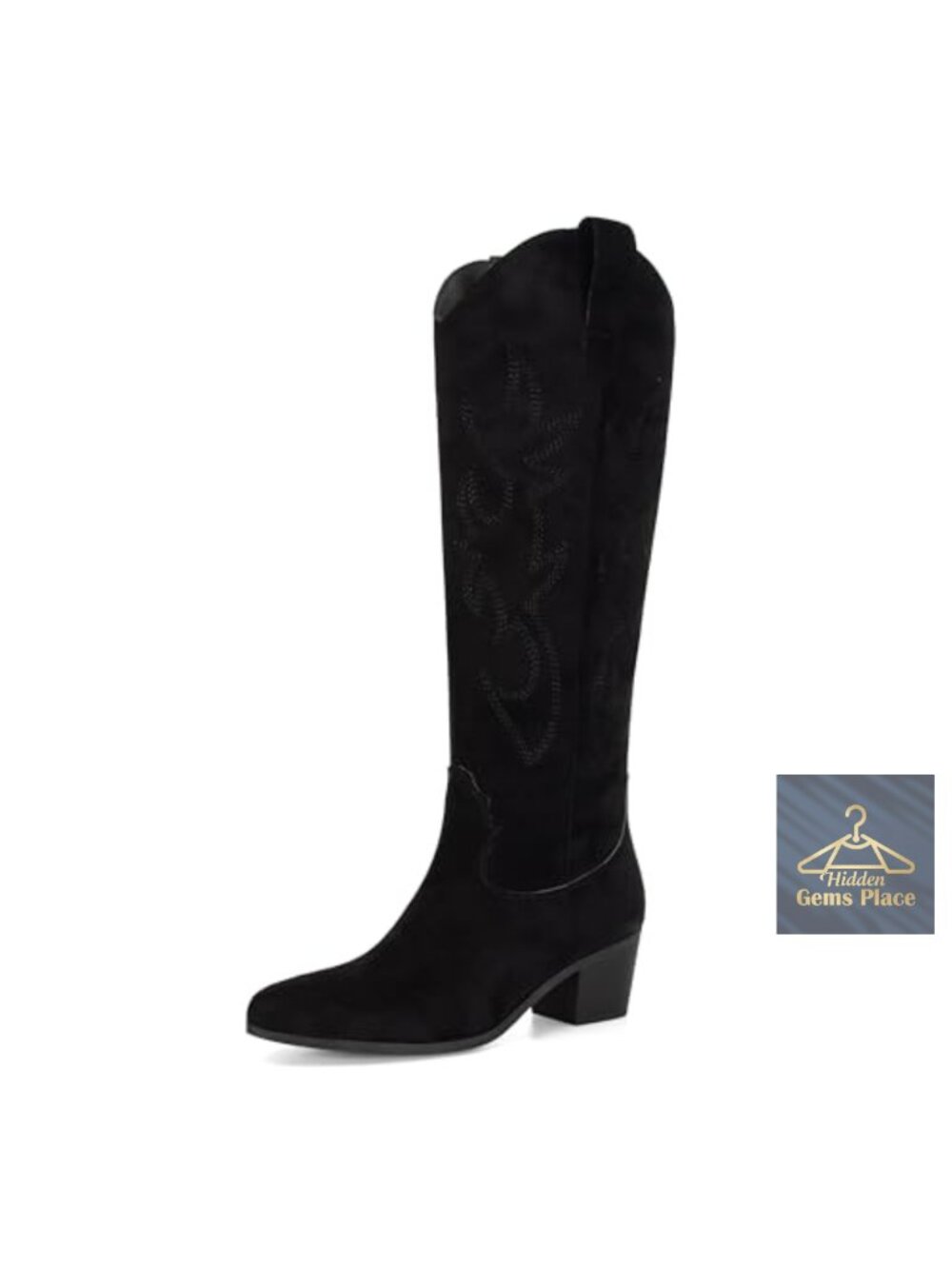 Suede Knee High Embroidered Cowgirl Western Boots Pointed Toe Chunky Block Heel